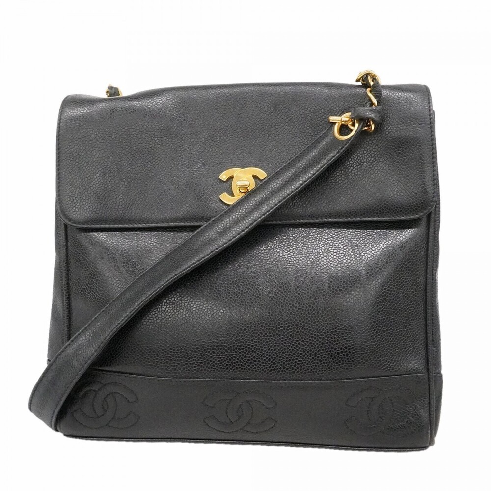 Chanel Shoulder Bag Triple Coco Caviar Skin Black Gold Hardware